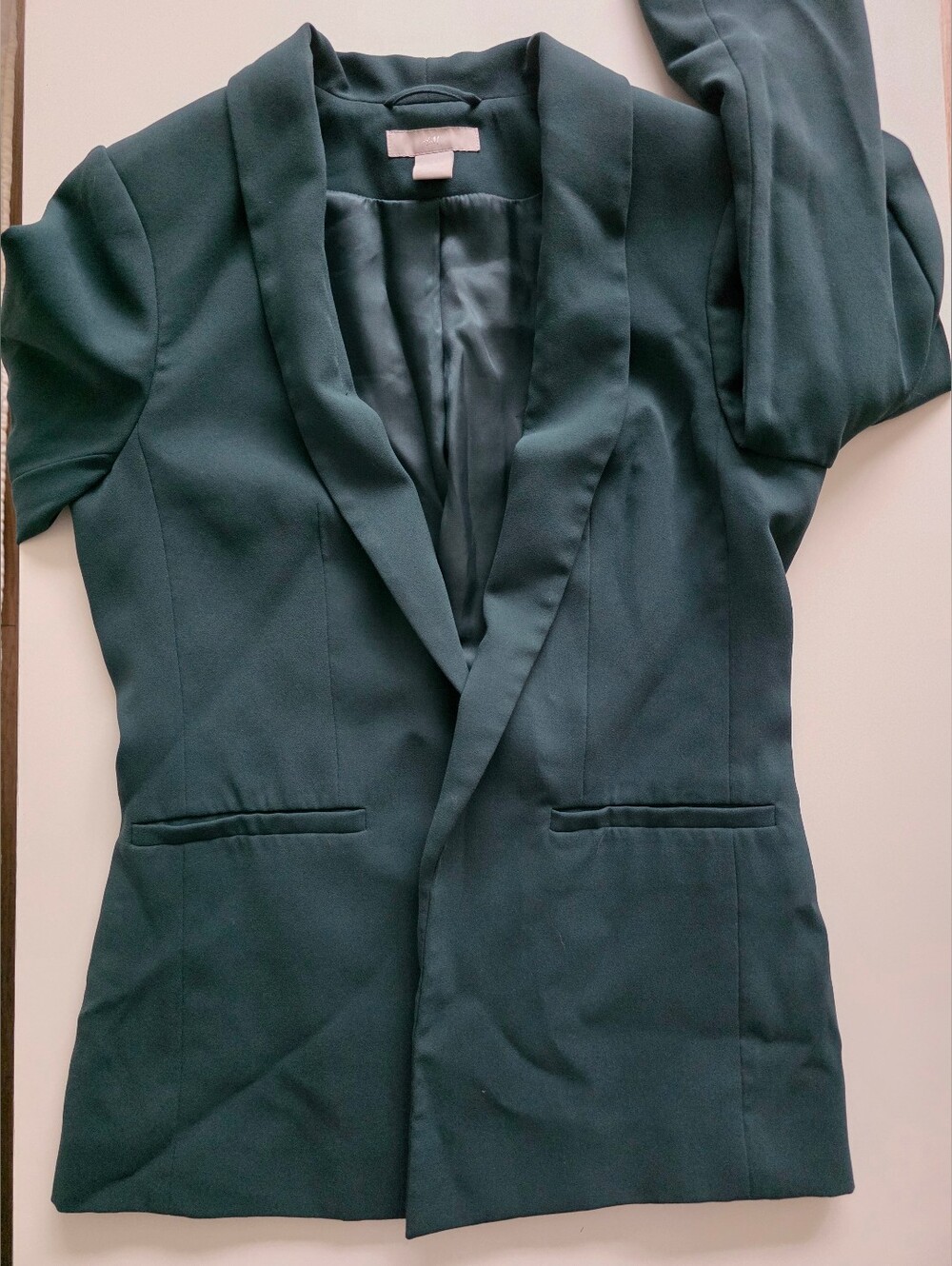 H&M Womens Dark Green Teal Open-Front Blazer Jacket 3/4 Sleeves